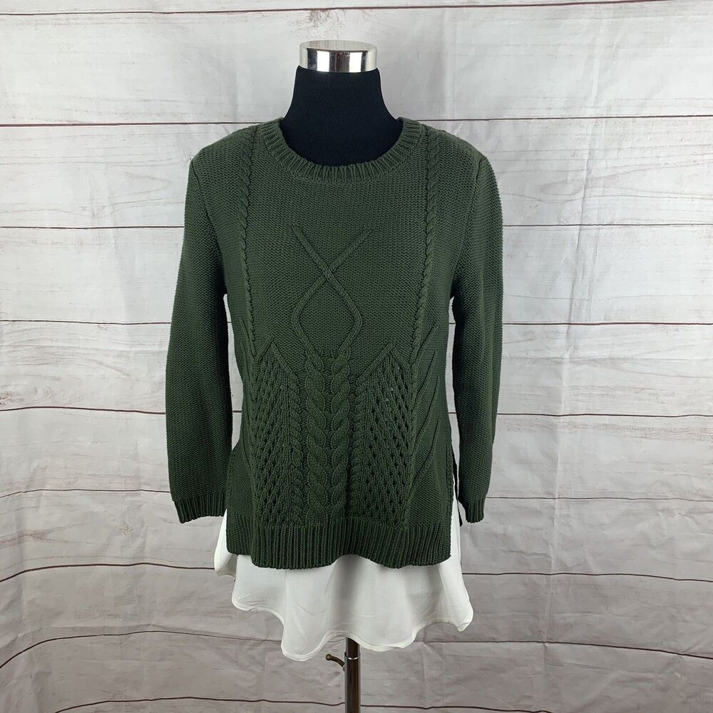Layered Cotton Cable-Knit Sweater Pullover Large 10 Green Olive Tunic Army Camo